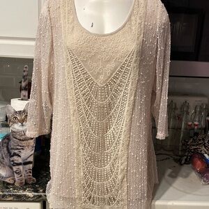 B  Krazy Kat casual solid beige three-quarter sleeve lined regular size top XL